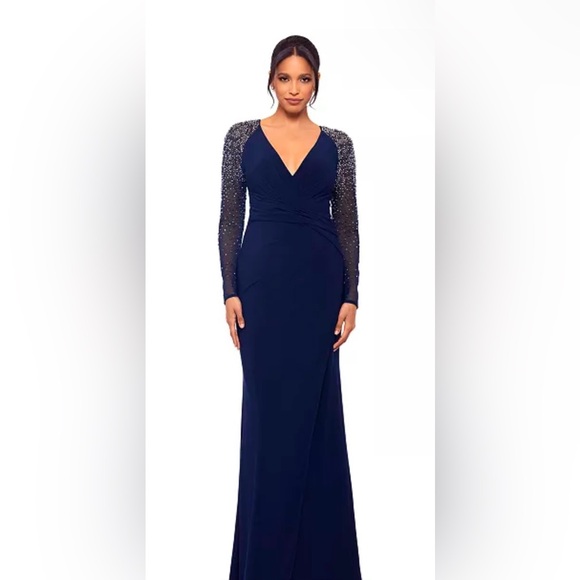Petite Mesh-Sleeve V-Neck Evening Gown Color:Navy/Silver 8P - Picture 1 of 3